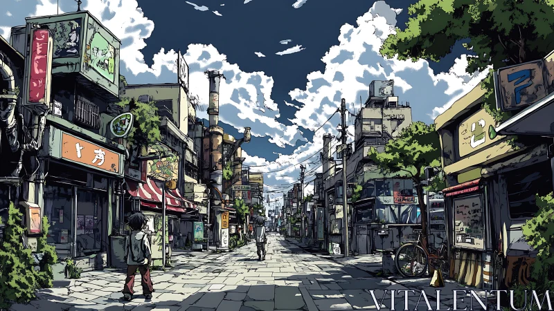 Sunlit anime backstreet stretches into a cloud-splashed sky