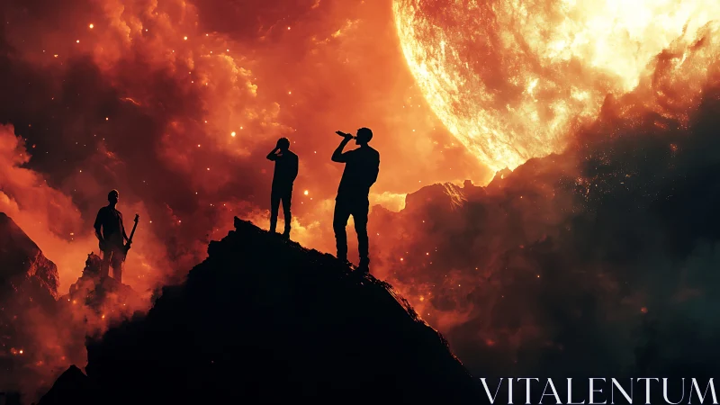 Silhouetted band stands on rocky peak before burning sun
