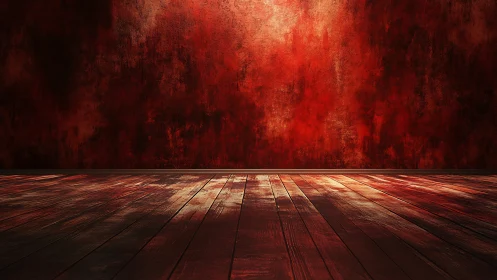Red textured wall with wooden floor in empty interior.