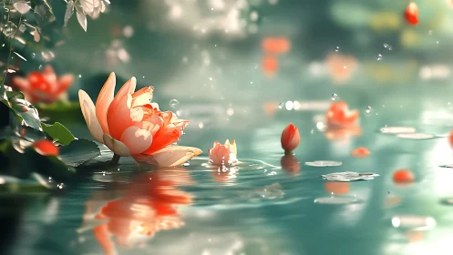 Hydrodynamic lotus bloom rendered in luminous bokeh lightfield.