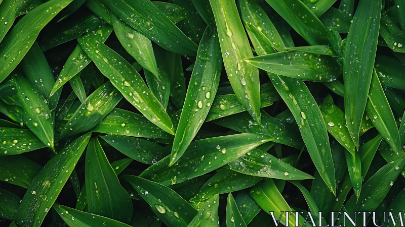 Lush green leaves layered with glistening raindrops.