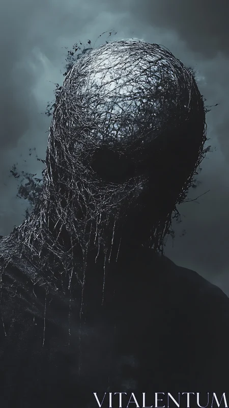 Humanoid silhouette with tangled wire head in foggy gloom.