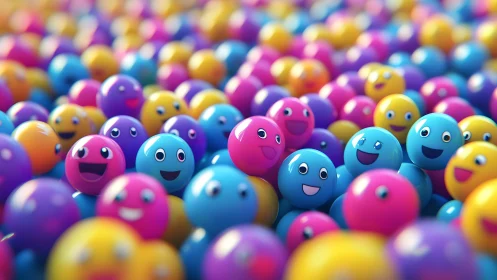Colorful Smiling Emoji Balls in a Playful Cartoon Style Scene.