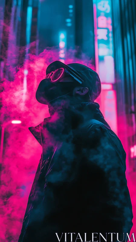 Masked figure in neon urban fog at night, side profile view.