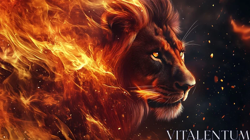 Lion forged in flame with dramatic fiery mane detail.