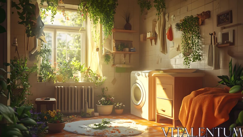 Sunlit utility room contains plants, washer and storage units
