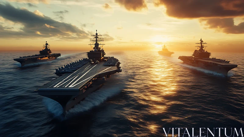 Sunset steel armada carves bright paths across the sea