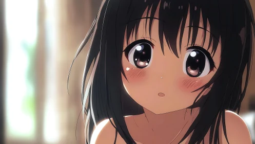 Softly lit anime girl gazes upward in a warm, tender moment