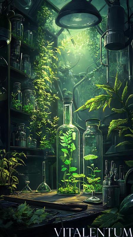 Bioluminescent greenhouse lab merges glass vessels and vines.
