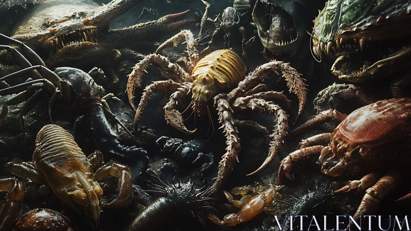Brooding abyssal crustacean war council in murky gloom.