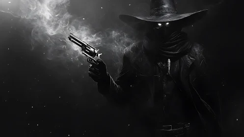 Gun-slinging shadow wraith with glowing eyes in smoke-filled void.