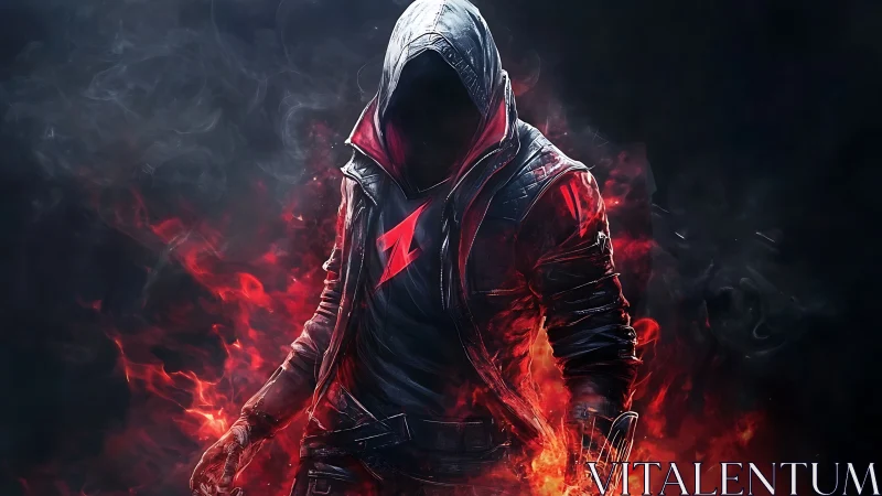 Hooded fire-wreathed figure in red and black jacket.