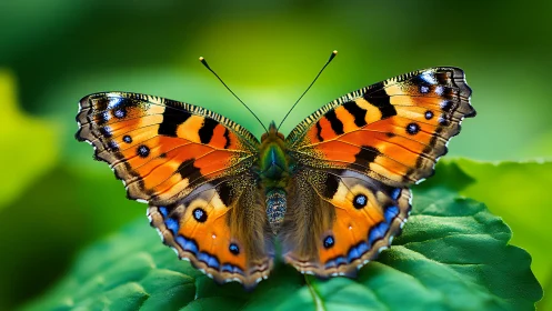 Butterfly with patterned wings on green foliage surface.