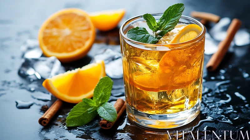Citrus Aperitif with Mint and Cinnamon on Wet Reflective Surface