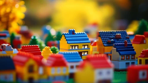 Plastic brick houses arranged in a small model town scene.