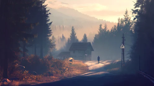 Soft sunrise stroll through a misty forest road scene.