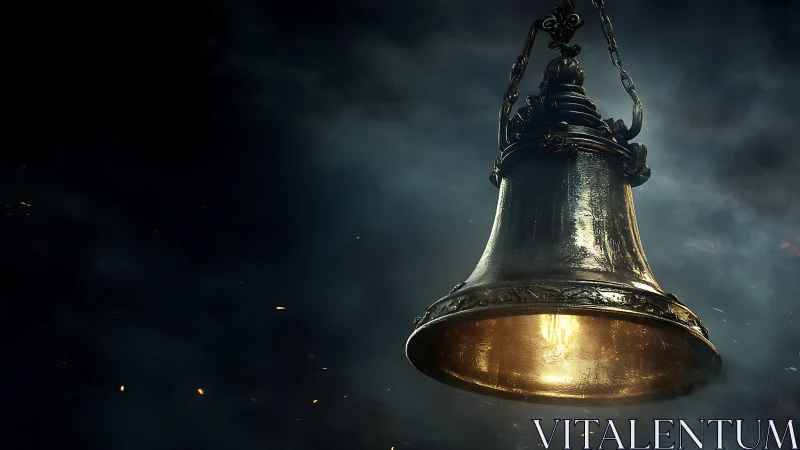 Luminous bronze bell lantern in cinematic volumetric haze.