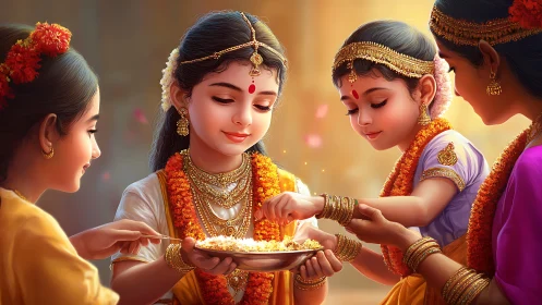 Joyful Indian girls in festive attire sharing traditional food, digital art.