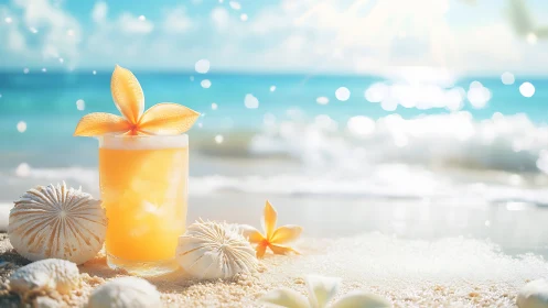 Tropical beverage on sand beach with citrus flowers and shells