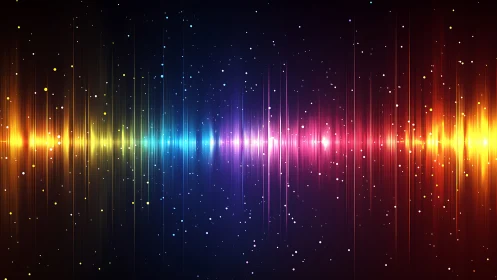 Colorful audio waveform spectrum on dark gradient background.