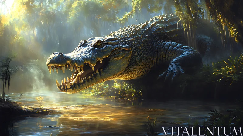 Giant crocodile emerging from misty jungle swamp water.