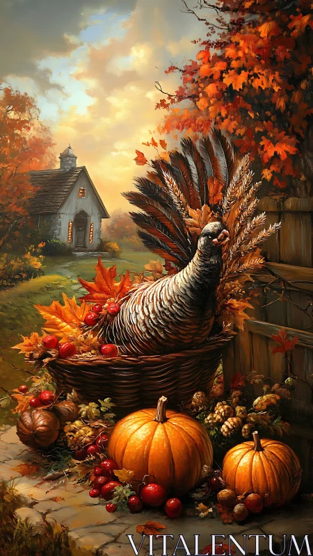 Autumnal turkey still life with pumpkins and rural chapel.