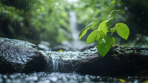 Young plant on wet rock beside clear forest stream.
