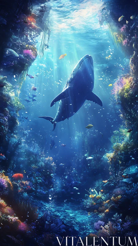 Gentle whale drifting through a glowing underwater garden.