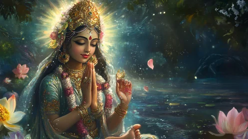 Goddess in serene prayer glows beside a starlit lotus lake
