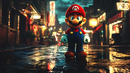 Mario character stands on wet neon street at night in rain