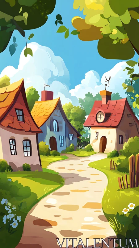 Stylized village lane with curved cottages and saturated foliage