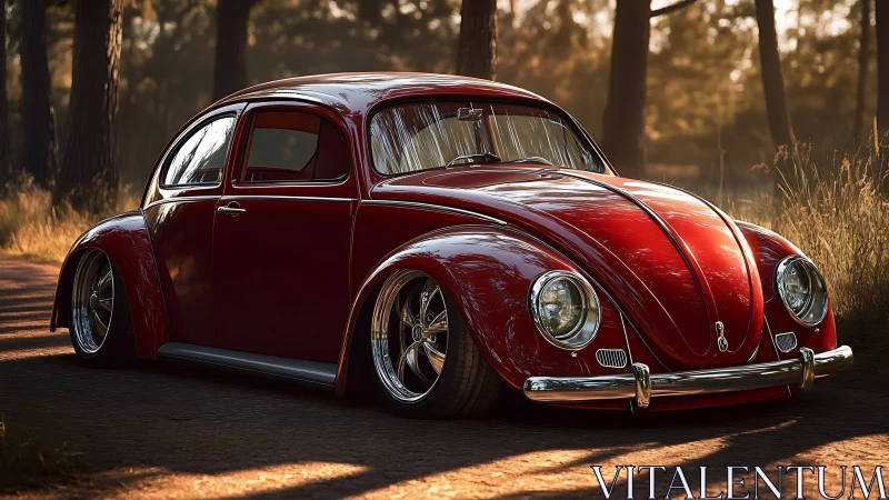 Red classic compact car rendered on forest roadway