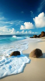 Foam-kissed shoreline under a boundless sapphire sky dream.