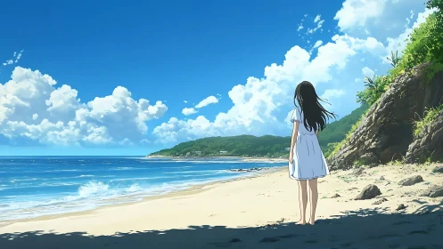 Backlit girl observes coastal horizon under cumulonimbus sky