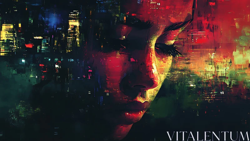 Melancholic digital portrait glows against neon city haze