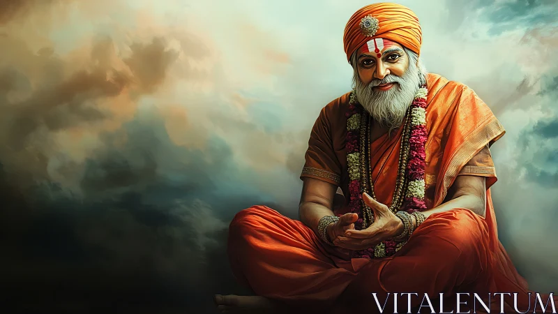 Digital painting of serene guru in luminous cloudscape setting.