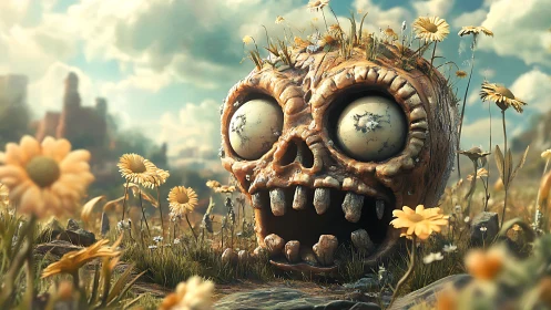 Weathered skull-shaped pumpkin amid overgrown wildflowers.