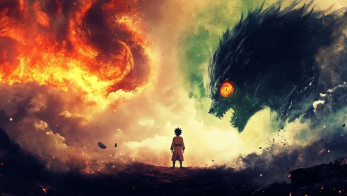 Stormlit child confronts spiral-eyed beast between flames