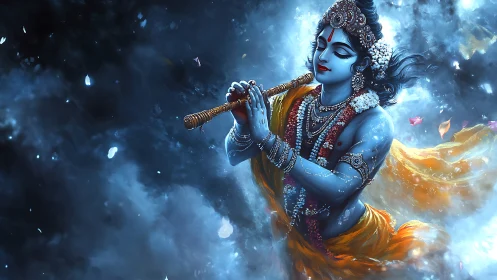 Blue-skinned divine musician in flowing golden drapery.