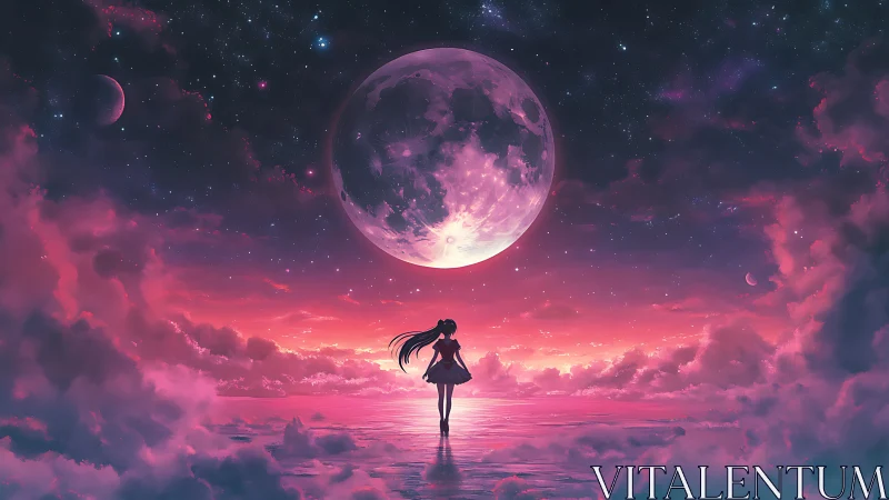 Girl stands on cosmic sea beneath vast glowing moon sky
