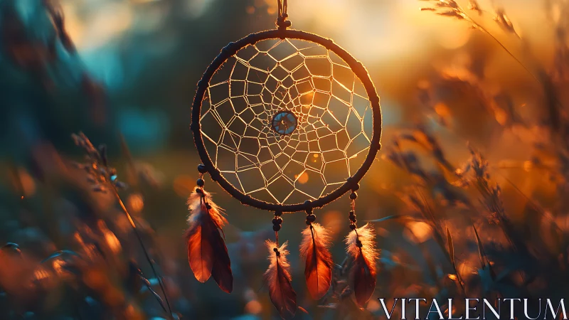 Dreamcatcher glows in warm sunset field with soft focus.