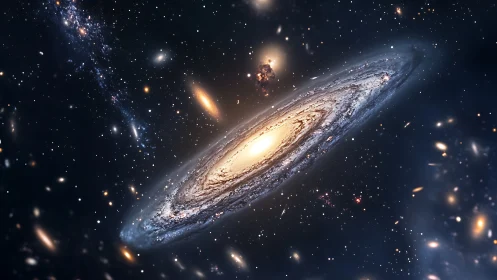 Spiral galaxy rendered with luminous core, tilted disc, dense starfield