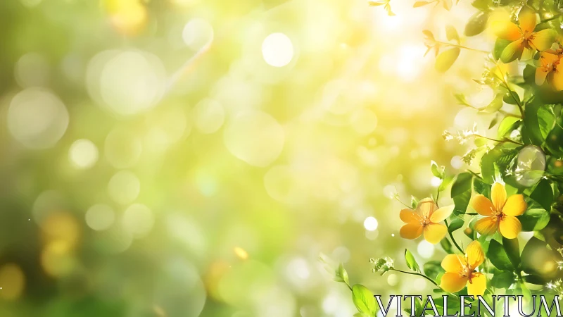 Yellow flowers and foliage appear against blurred bokeh light