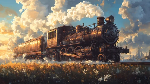 Steam locomotive crossing sunset grassland landscape.