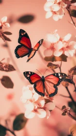 Gentle monarch butterflies drift softly among spring blossoms