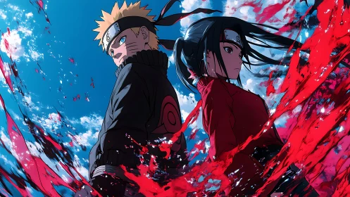 Two ninja figures back to back with red chakra energy.