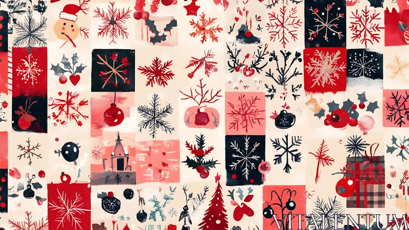 Geometric grid of stylized Christmas icons rendered in flat gouache