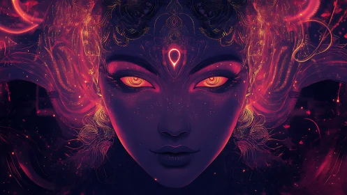 Celestial neon goddess portrait with luminous third eye.