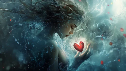 Profile figure holding illuminated red heart form.