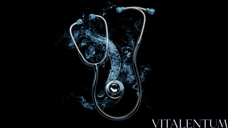 Chromed stethoscope with vapor trail rendered on deep black field